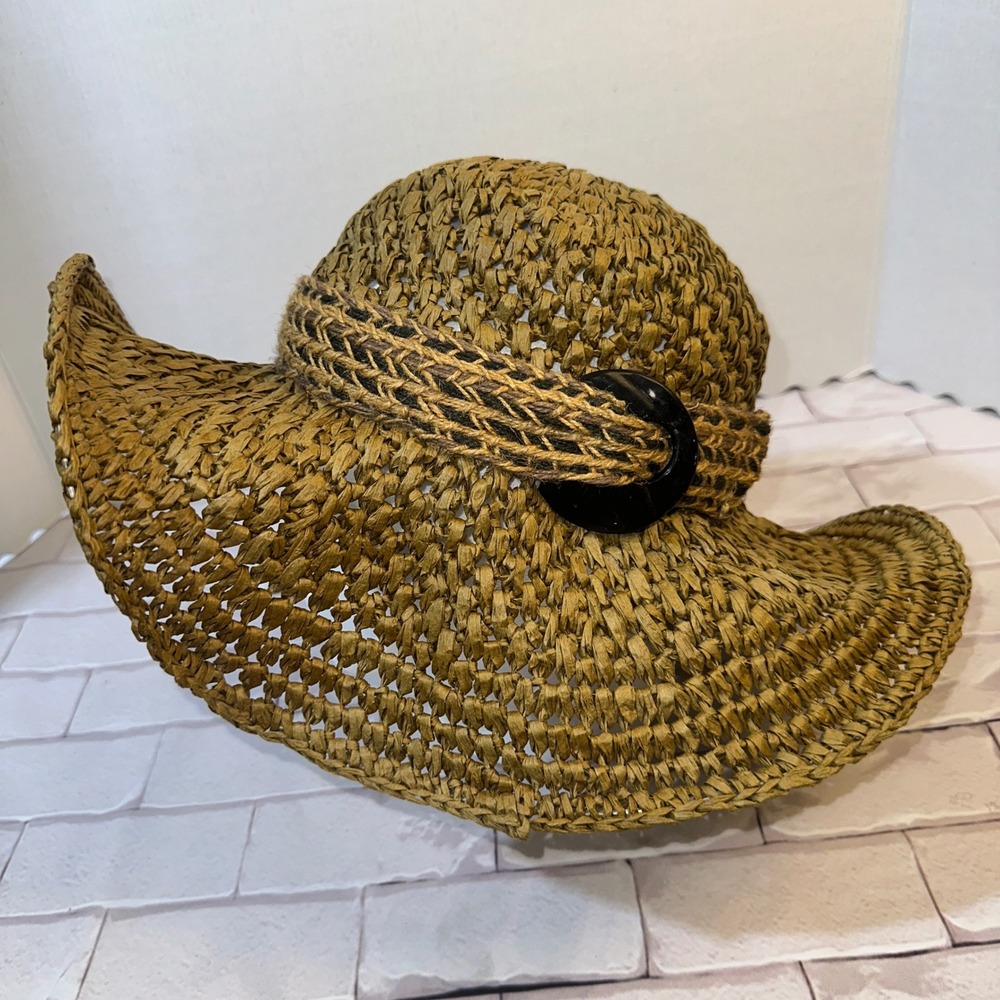 Lucky Brand Olive Bronze Woven Paper Straw‎ Floppy Sun Hat with Braided Band